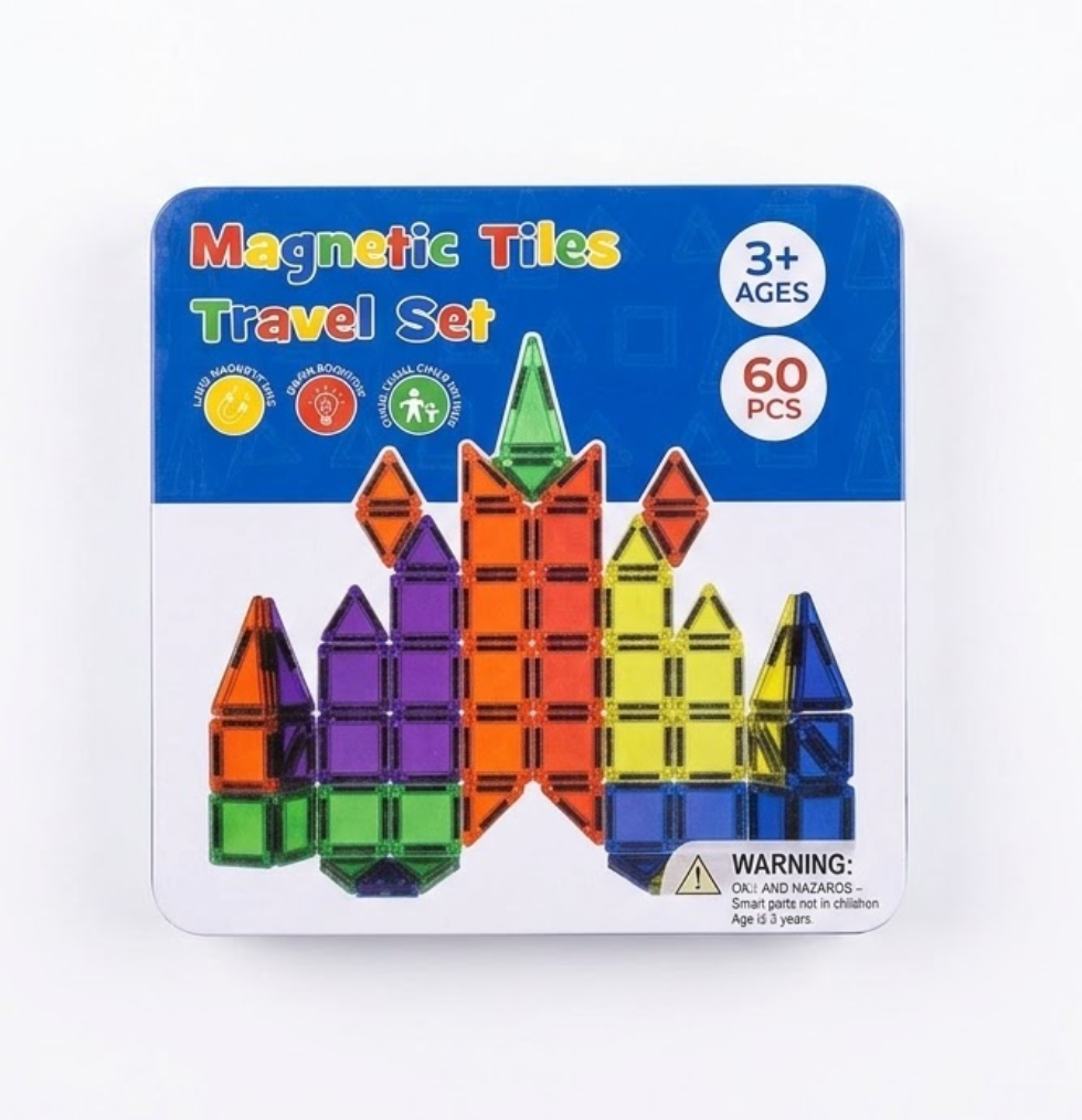 PicassoTiles magnetic tile set (PT60) includes 60 classic pieces for building bright 2D and 3D structures. This magnetic tile building set encourages creativity, color and shape recognition, and early STEM skills through open-ended, screen-free play.