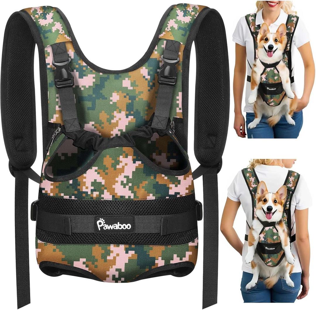 Pawaboo Pet Dog Front Carrier Backpacks, Legs Out Pet Carrier Backpack for Dogs, Adjustable Easy-fit Dog Chest Carriers for Small Medium Dogs Hands Free for Travel Hiking Cycling Camping, XL, Camo