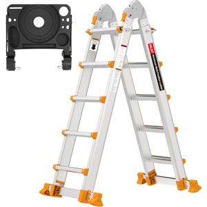 Valeo Ladder 17 FT, A Frame 5 Step Ladder Extension,Multi Position & Storage Folding Ladder, 330 lbs Security Load Telescoping Ladders for Stairs Home Indoor Outdoor Roof (Silver)