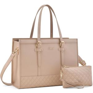 LOVEVOOK Laptop Bag for Women,15.6 inch Laptop Tote Bag Waterproof PU Leather Computer Bag Work Bags for Business Office, Large Capacity Laptop Purse Professional Work Tote Black (Flesh Apricot)