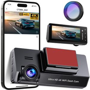 Dash Cam Front 4K Built-in 5GHz WiFi with CPL, Dash Camera for Cars with 64GB SD Card, App Control, 3.69" IPS Screen Dashcam with UHD 2160P, Night Vision, Loop Recording, Parking Mode, 170Wide Angle