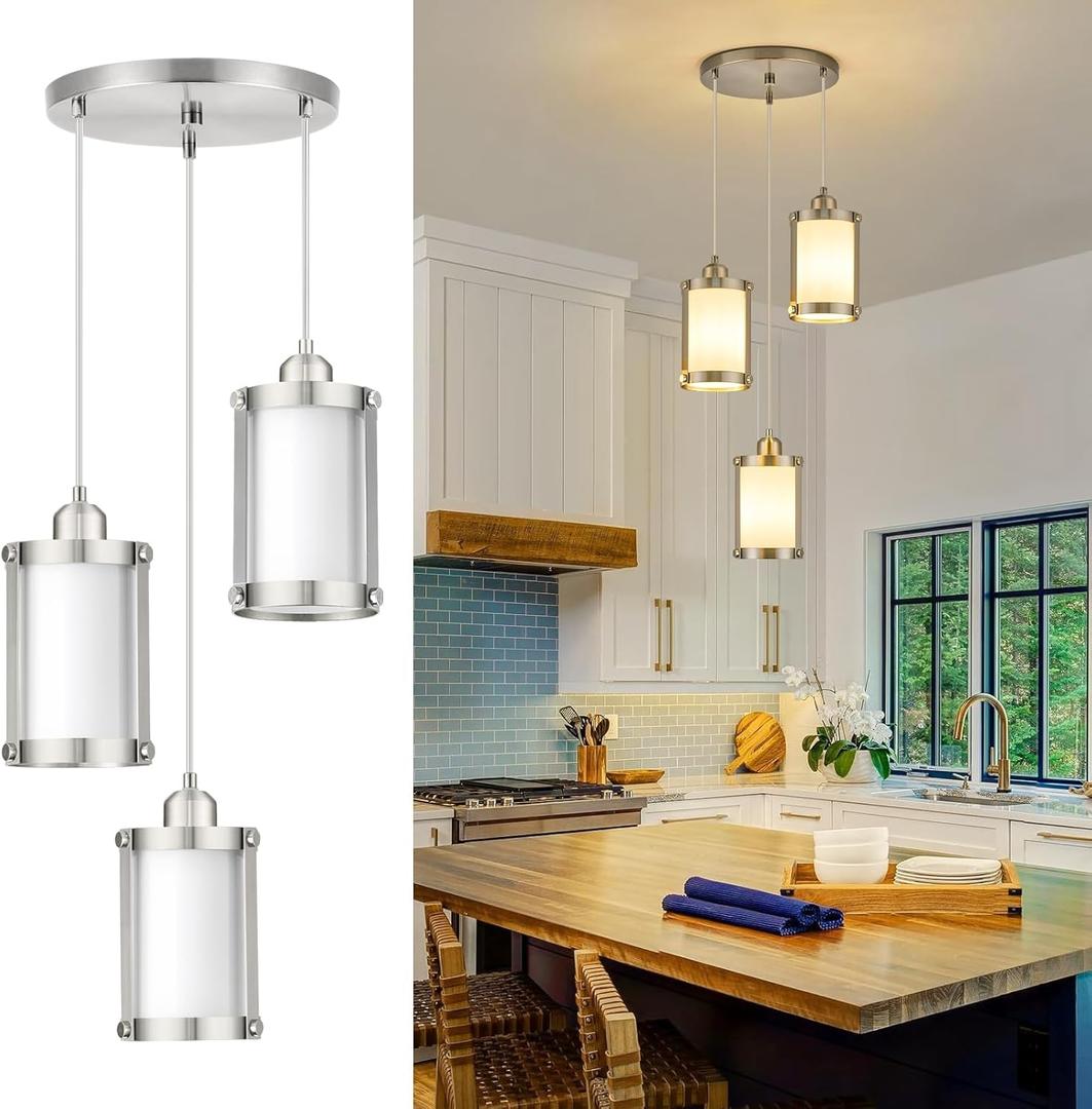 3-Light Pendant Lighting, Brushed Nickel Dining Room Chandelier Light Fixture Over Table with Milk Glass, Modern Cluster Hanging Lights for Kitchen Island Sink, OS-3014-3BNW