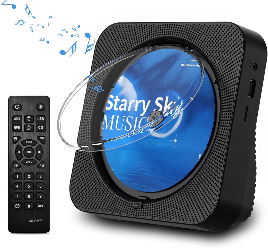 CD Player Portable Bluetooth 5.1 Desktop CD Player with HiFi Sound Speakers, Remote Control, Dust Cover, LED Display, Boombox FM Radio, USB/AUX for Home, Kids (Black)