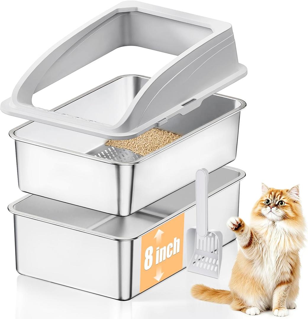 23.6"x15.7"x13.78" Stainless Steel Sifting Litter Box with Lid, XL Sifting Design for Pine Pellets, High Sides Metal Litter Box for Big Cats 7.9in Deep, Easy-to-Clean, Non-Stick