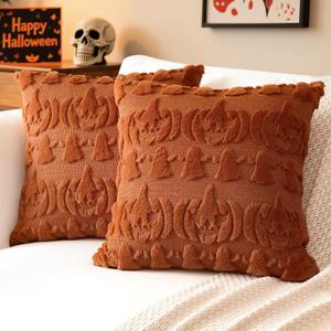 Artscope Halloween Pillow Covers 18 x 18 Set of 2 Decorative Ghost Holiday Pumpkin Throw Pillow Cases Soft Plush Faux Fur Couch Cushion Case for Farmhouse Halloween Sofa Bed Room Home Decor-Rust