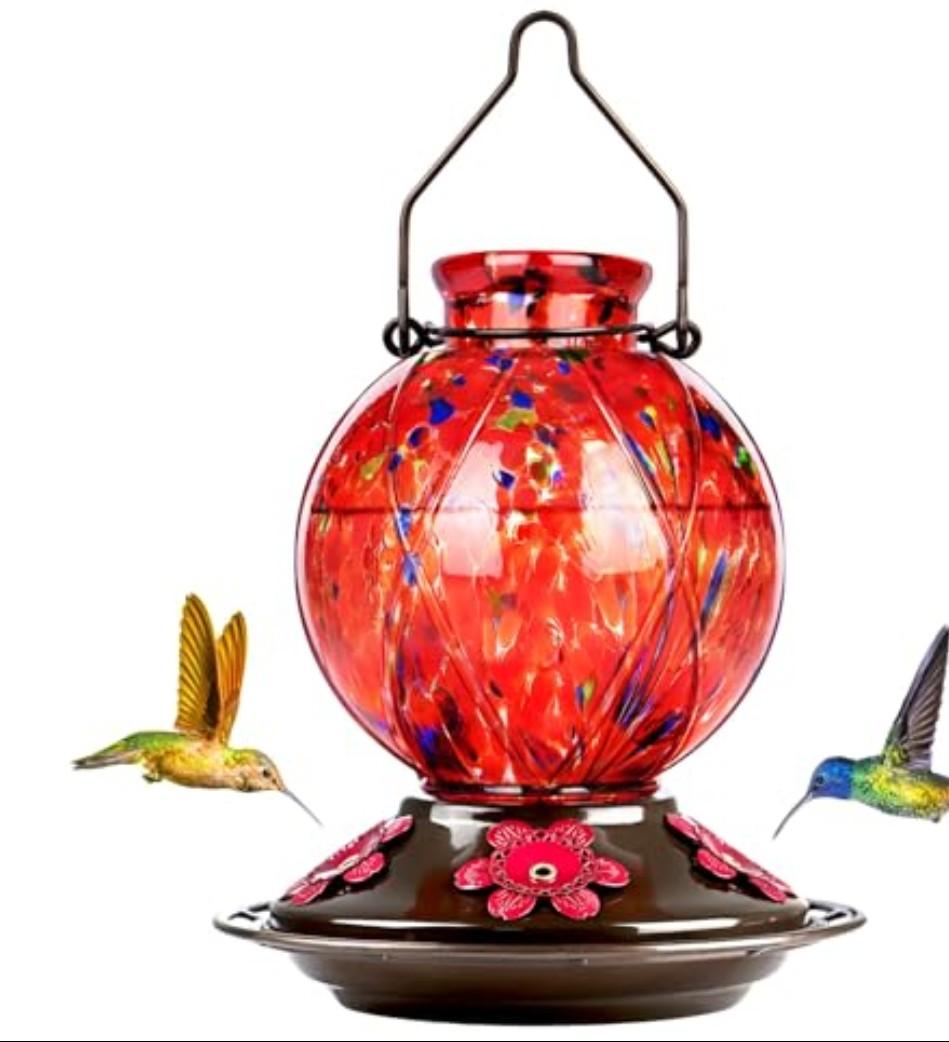 Hummingbird Feeder, BOLITE Glass Hummingbird Feeders for Outdoors Hanging, 20 Ounces, Leak Proof, Meshy Texture Ball Shape Bottle, Red, Birthday Gifts for Women Men, Gifts for Mom Dad