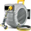 GLAHODEN Retractable Garden Hose Reel 5/8 in x 100 ft Upgraded UV Resistant Heavy Duty Automatic Hose Reel Wall Mount 3/4 in Brass Fitting 9 Pattern Nozzle Any Length Lock Slow Retraction 180 Swivel (Light Gray)