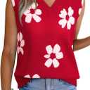 EVALESS Sweater Vest Women Fall Clothes Casual V Neck Cap Sleeve Knit Sweaters Floral Print Vest Tops School Outfits (Medium, Red)