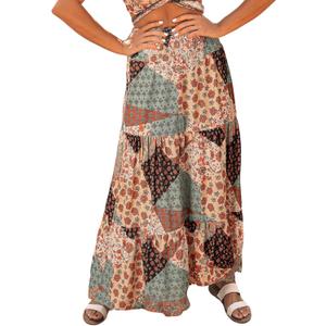 Happy Sailed Womens Floral Print Boho Maxi Skirt Elastic High Waist Pleated Ruffle Flowy Long Skirts (Orange, M)