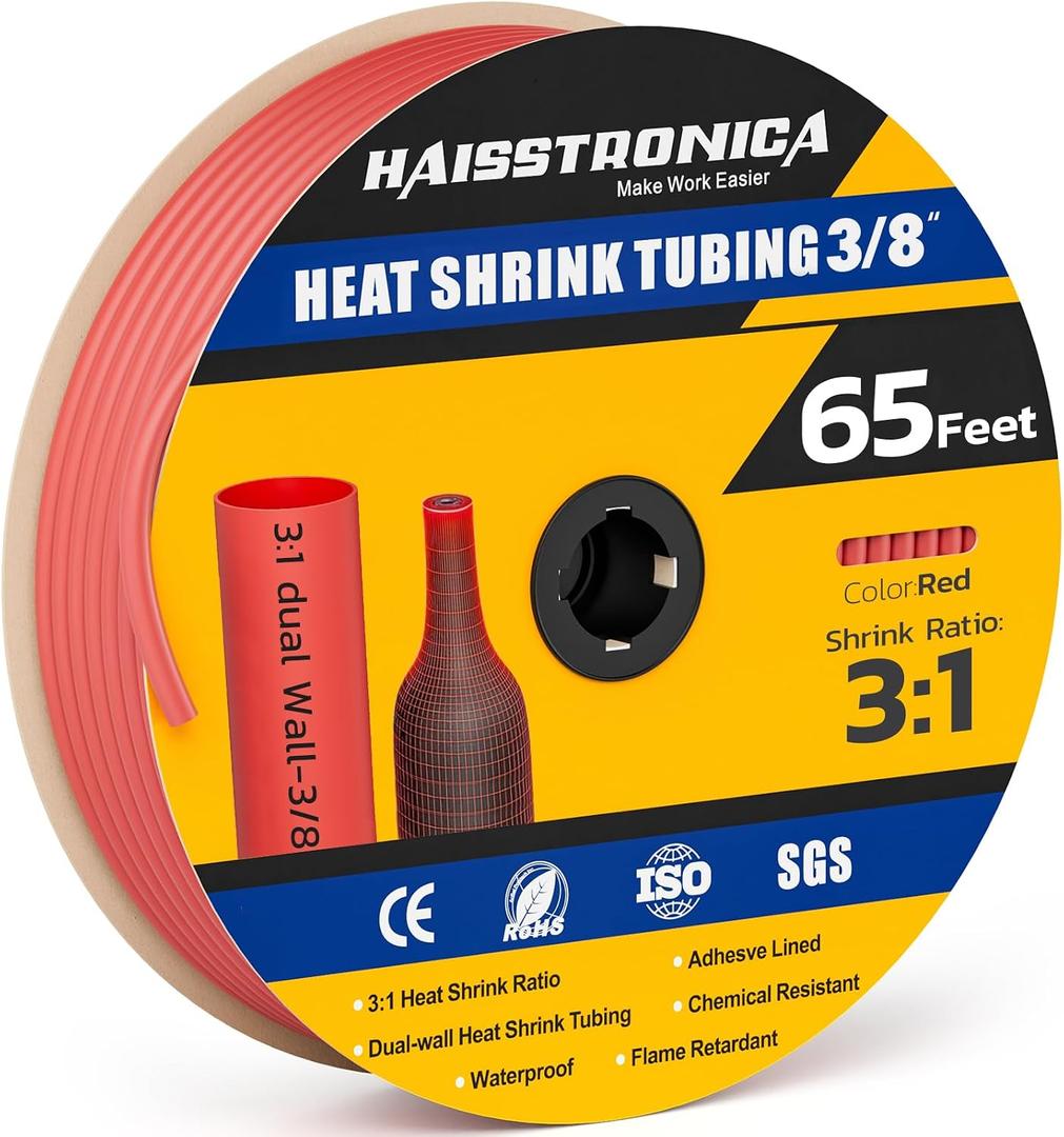 haisstronica 3:1 Heat Shrink Tubing, Shrink Ratio Adhesive Lined Marine Grade Heat Shrink Tube for Home, Automotive and Industrial (Red) 65FT 3/8inch