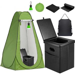Portable Toilet Kit with Pop-Up Privacy Tent, All-in-One Outdoor Bathroom & Changing Room with Camping Toilet Seat, Waste Bags, LED Light for Camping, RV, Road Trip (Toilet with Green Tent)