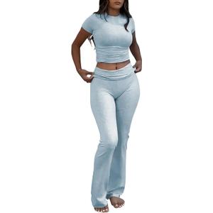 ZFLM Casual Workout Two Piece Outfits for Women Short Sleeve Crop High Waist Foldover Flare Pants Tracksuit Sets Streetwear, XL
