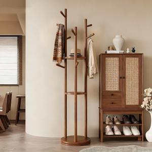 Coat Rack Freestanding 360 Rotating Wooden, 9 Hooks Hat Rack, 15.4"D x 15.4"W x 64.6"H