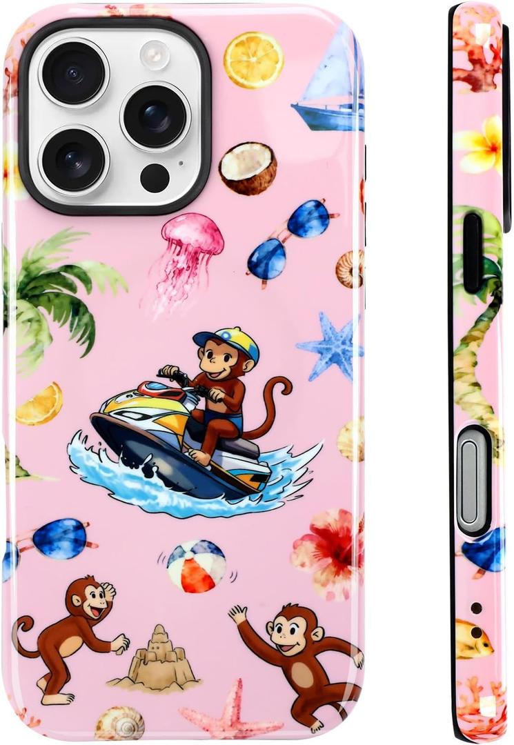 Magnetic for iPhone 16 Pro Max Case [Compatible with Magsafe] Cute Summer Beach Monkeys Pattern Design, Full Body 2 in 1 Shockproof Scratch Resistant Protective Cover for Women Girl