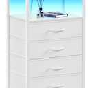 Furnulem White Nightstand with Charging Station, Night Stand Side Table with Led Light, Tall Dresser for Bedroom with 4 Fabric Storage Drawers, Metal Frame, Wood Shelf(White)