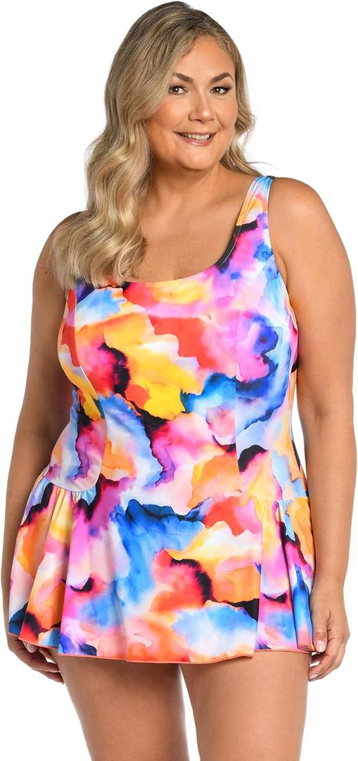 Maxine of Hollywood Women's Standard Seam Front Swim Dress One Piece Swimsuit (22, Multi//Watercolor Bliss)