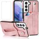 NKECXKJ Design for Samsung Galaxy S22 5G Phone Case with Screen Protector Adjustable Wrist Strap Kickstand Credit Card Slot Slim Shockproof Hybrid Rugged Protective Cover for Women 6.1 inch Rose Gold