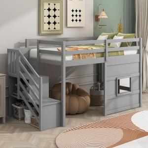 Favfurish Twin Size Loft Bed with Storage Staircase and Window,Wood loft Bedframe w/Length Guardrail and Slat Support, No Box Spring Needed,for Kids,Teens,Boys,Girls,Gray (Grey)