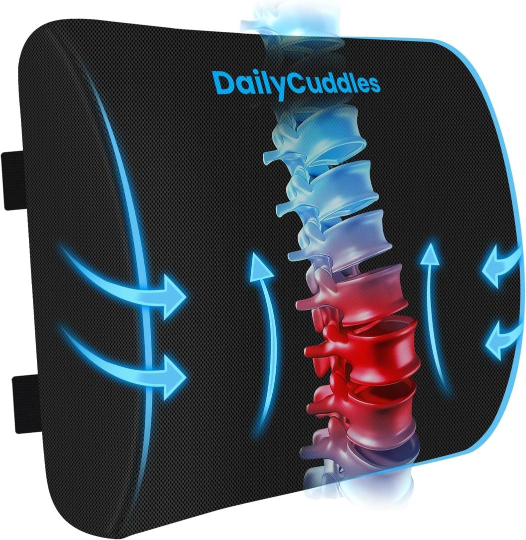 Lumbar Support Pillow for Office Chair Back Support - Memory Foam Lumbar Pillow for Car or Gaming Chair, Ergonomic Back Cushion with Adjustable Strap for Long-Hour Sitting (Black) (Large)