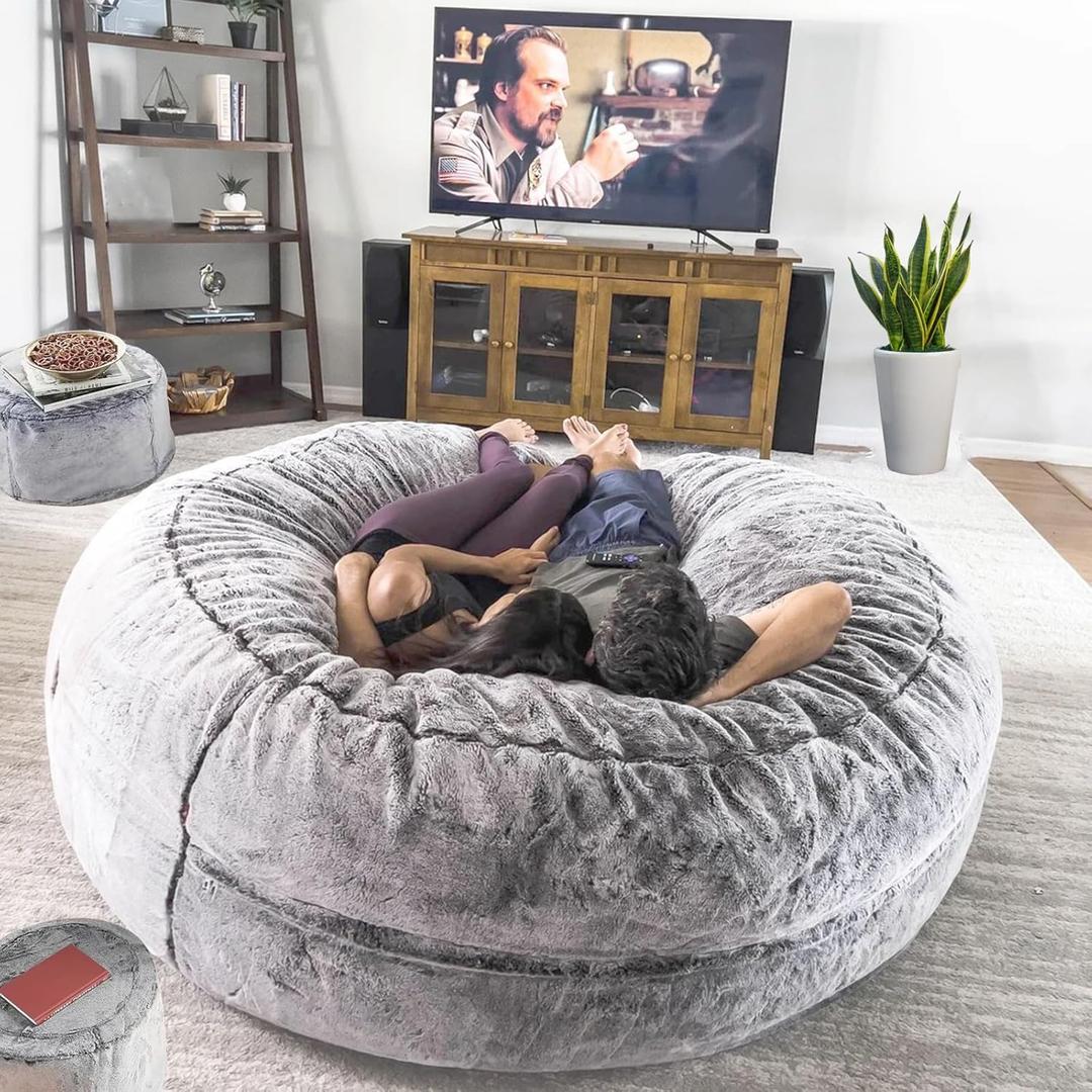 Bean Bag Chair for Adults Kids Oversize Giant Beanbag Chair Cover Without Filler Round Fluffy Comfortable Big Bean Bag Couch Chairs for Bedroom Lounge Large Sofa Sitting Chair,5FT Light Grey