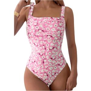 MakeMeChic Women's Floral Print Square Neck One Piece Swimsuit Ruched Bust Sleeveless Beach Cami Monokini (Medium, Pink)