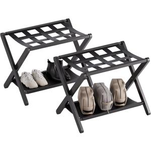 HITNET Luggage Rack for Guest Room, Pack of 2, Suitcase Stand Folding Bedroom, Bamboo Hotel Luggage Holder with Fabric Storage Shelf and Nylon Straps, Black