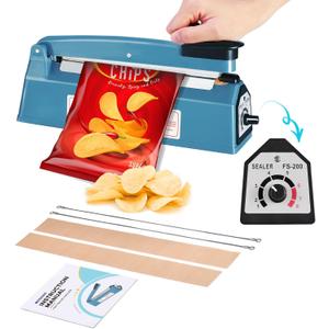 METRONIC Impulse Heat Sealer 8 Inch, Manual Bags Sealer Heat Sealing Machine Impulse, Sealer Machine for Plastic Bags PE PP Bags with Extra Replace Element Grip (Blue)