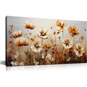 DNIEOTU Flower Wall Art for Living Room, Floral Canvas Wall-Decor for Bedroom, Beige and Brown Picture Prints for Hallway Office, Size 40 x 20 Inches