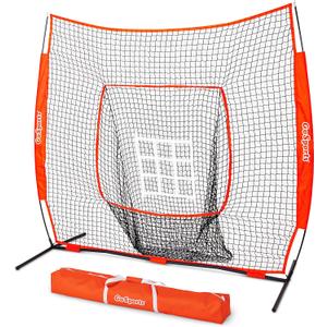 GoSports 7 ft x 7 ft Baseball & Softball Nets - Red, Black, or PRO -Practice Hitting & Pitching Net with Bow Type Frame, Carry Bag and Strike Zone, Great for All Skill Levels (Red)