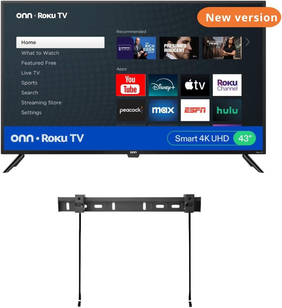ONN 43-Inch Class 4K LED Smart TV + Free Wall Mount with Wi-Fi Connectivity and Mobile App | Flat Screen TV | Compatible with Apple Home Kit | Alexa 