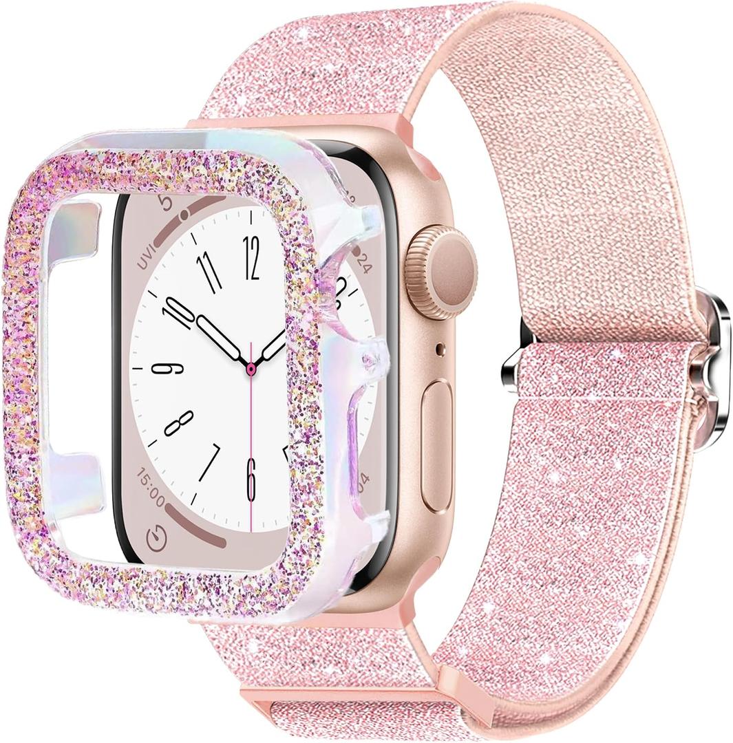 Wipalor Bling Stretchy Band with Bling Case Fit Apple Watch Bands for Women 41mm, Elastic Sport Solo Loop iWatch Bands for Cute iPhone Watch Series 9 8 7-Pink Nylon Band+Sparkly Pink Cover