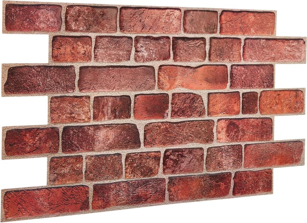 3D Faux Brick Wall Panels 37.8 x 18.9 - 10 Sheets, Covers 4.6 sqm / 49.6 sq ft - Decorative Artificial PVC Wall Panels for Cladding - Kitchen, Living Room, Bedroom, Office - Deep Red Brick