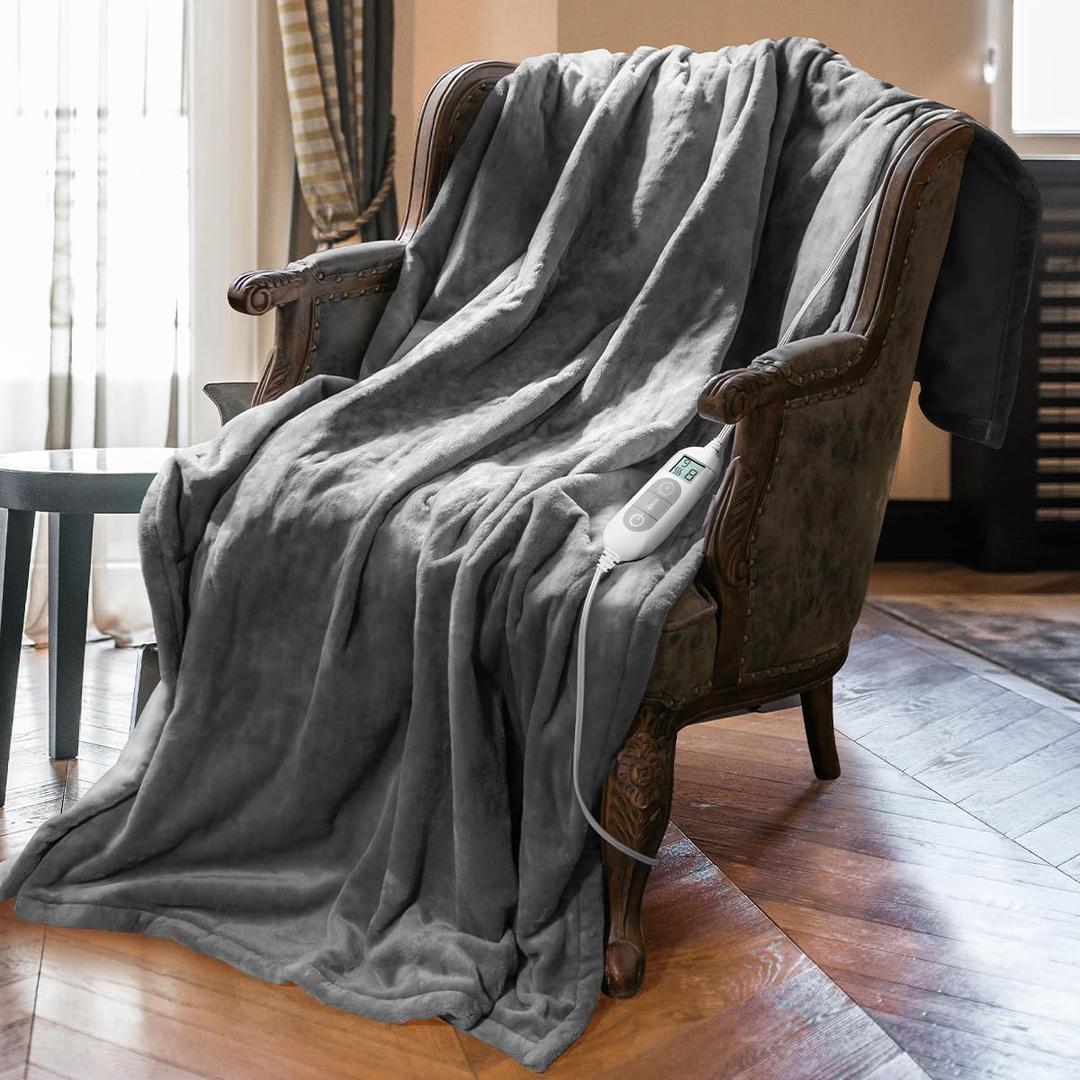 Mlivrom Heated Throw Blanket with 1-9 hrs Timer Auto-Off & 8 Heating Levels, Flannel Electric Blanket Full Body Warmth, ETL Certified & Machine Washable, Grey