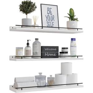 WOPITUES Floating Shelves 24 inch with Gold Metal Guardrail, Shelves for Wall Decor Set of 3, Wall Shelves for Bedroom, Bathroom, Kitchen, Living Room, Plants, Picture Frames, Art- Black and White, 23.6 inch