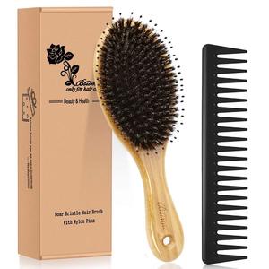 Hair Brush Comb Set Boar Bristle Hairbrush for Curly Thick Long Fine Dry Wet Hair,Best Travel Bamboo Paddle Detangler Detangling Hair Brushes for Women Men Kids Adding Shine Smoothing Hair (Natural Wood)
