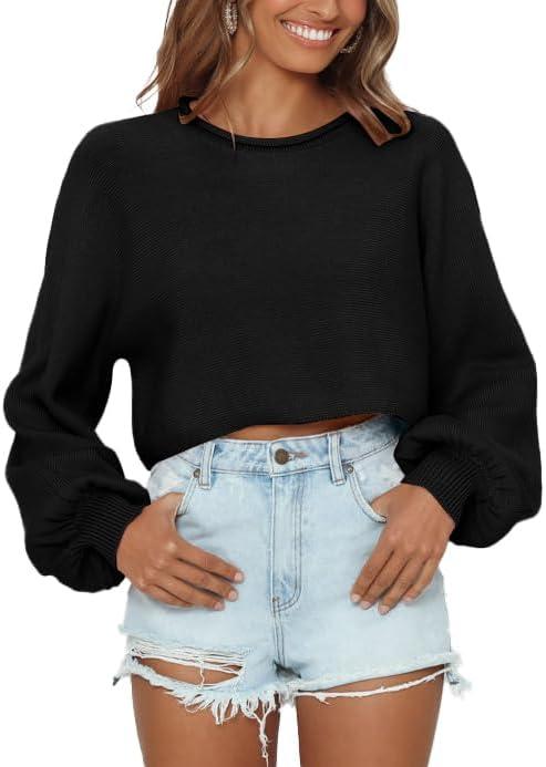 Imily Bela Cropped Sweaters for Women Lantern Long Sleeve Crop Top Slouchy Trendy Loose Crewneck Pullover Sweater - M