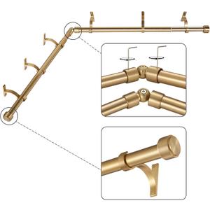 Warm Gold Corner Window Curtain Rods with Aluminum End Cap Finials and Brackets,1 Inch Diameter Bay Window Curtain Rods,2 Sided 32-86 Inch Adjustable Drapery Rod