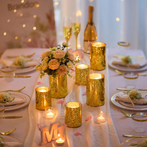 Glass Cylinder Vases Centerpieces Gold: Hewory Set of 12 Golden Mercury Hurricane Candle Holders for Pillar or Floating Candle, Glittery Round Vase for Wedding Anniversary Events Home Table Decor