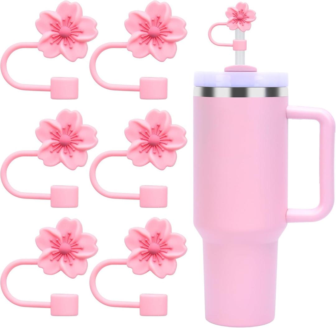 2 x 6pcs Stanley Straw Cover For Stanley Cup, Silicone Pink Cherry Blossom Flower Straw Topper fit 0.4in Straws