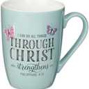 Christian Art Gifts Inspirational Microwave/Dishwasher Safe Ceramic Coffee & Tea Scripture Mug for Women: All Things Through Christ Encouraging Bible Verse, Cute Butterflies, Light Blue/White, 12 oz.
