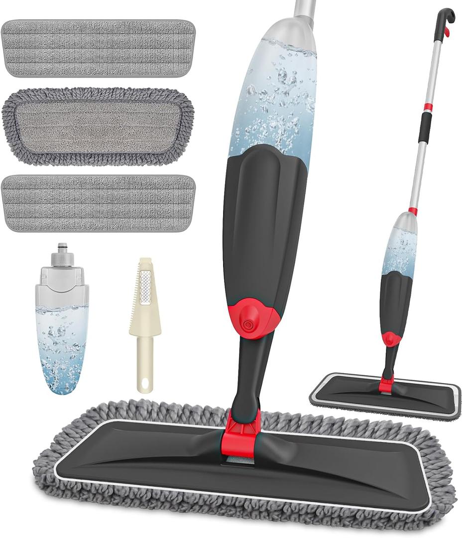 HOMTOYOU Microfiber Hardwood Floor Mop: Dust Spray Mops for Cleaning Wood Home Kitchen Floors - Wet Mopping & Dry Sweeping - 3 Reusable Refills & 1Pcs 400+ML Refillable Bottle