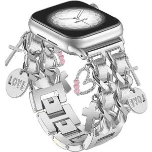 Silver Bracelet Band with Cute Charm Compatible for Apple Watch 42mm 44mm 45mm 46mm 49mm Women, Cuban Chain Strap for iWatch Series 10 9 8 7 6 5 4 3 2 SE Ultra 1/2