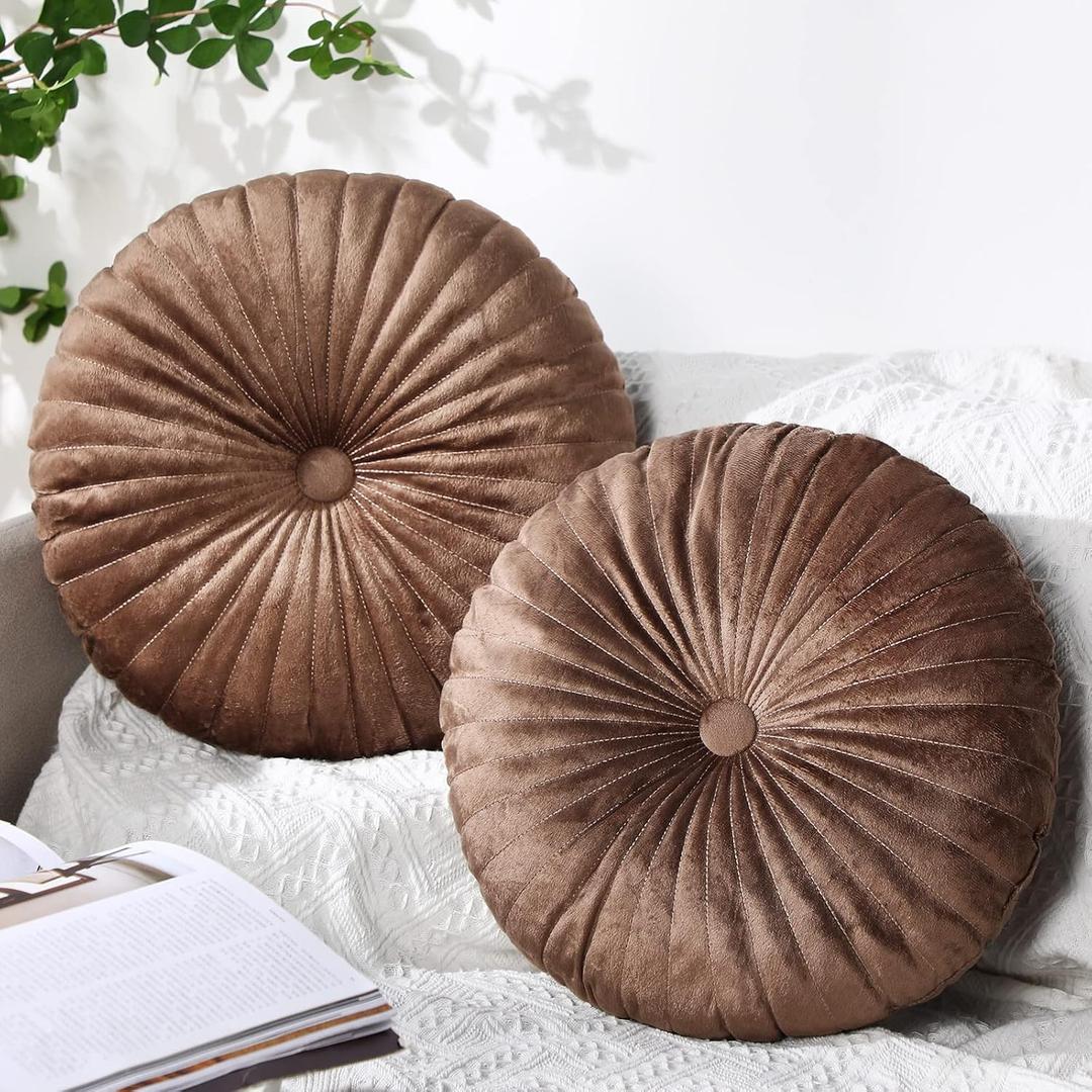 Namalu Round Throw Pillow 13.8 Inch Decorative Round Velvet Floor Pillows Small Pumpkin Throw Cushion for Living Room Sofa Bed(Coffee,2 Pcs) (Coffee)