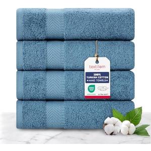 TEXTILOM 100% Turkish Cotton 4 Pcs Hand Towel Set, Luxury Hand Towels for Bathroom, Soft & Absorbent Bathroom Hand Towels Set (16 x 28 inches)- Blue