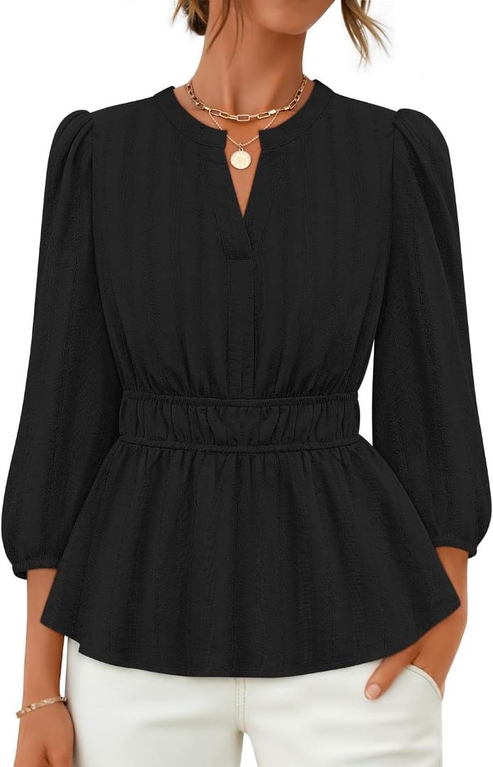 ZESICA Women's 2026 Fall Babydoll Peplum Tops V Neck Puff 3/4 Length Sleeve Shirts Dressy Casual Blouses (Black, S)