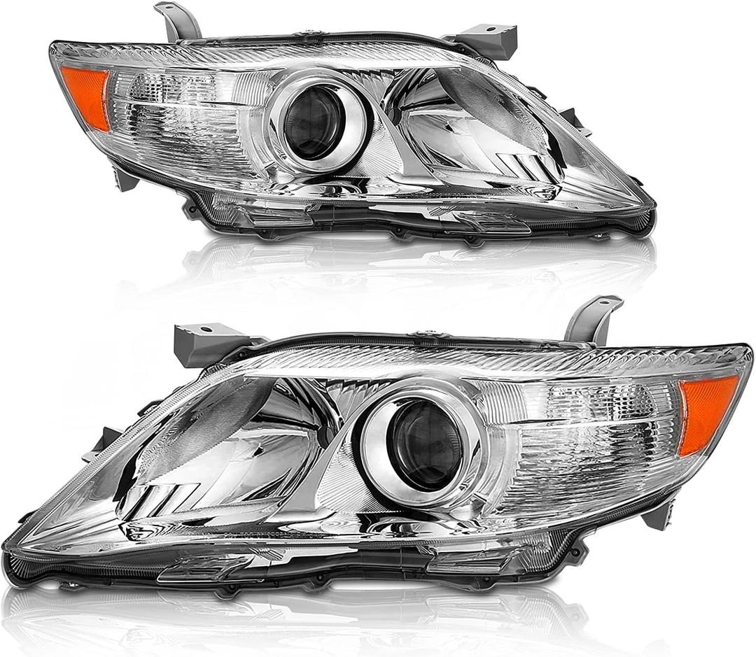 AS 2010 2011 Toyota Camry Headlight Assembly Replacement for 10-11 Toyota Camry Base/LE/XLE Sedan Projector Chrome Housing Amber Reflector Clear Lens Pair