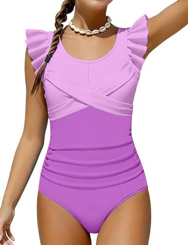 FoWear Bathing Suit for Teen Girls One-Piece Ruffle Trim Criss Cross Swimwear Contrast Color Tropical Seaside Girls Swimsuit Size 10