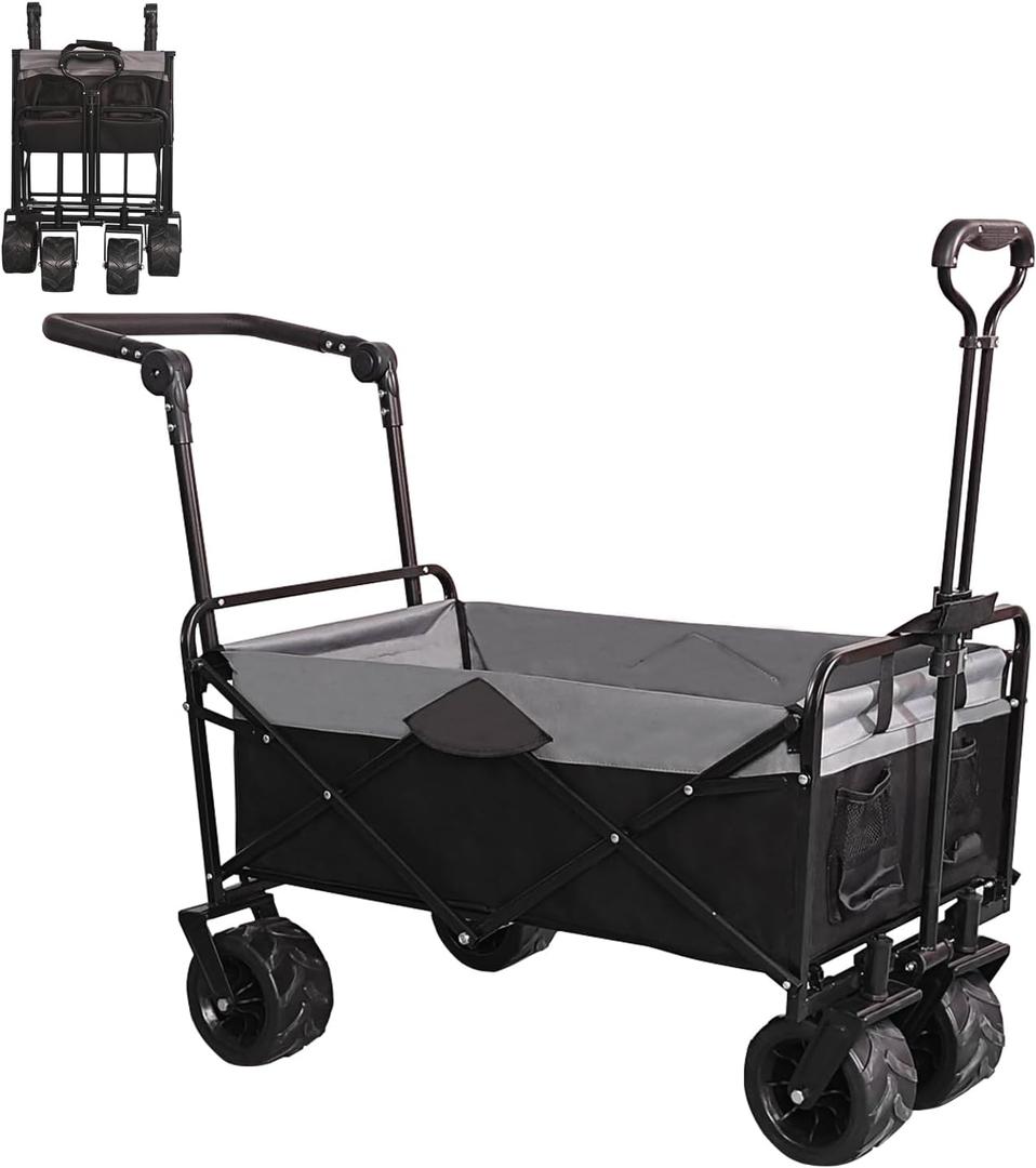 Collapsible Folding Wagon with Extra Push Pull Handle, Heavy Duty Utility Cart with Big All-Terrain Beach Wheels, Large Capacity Folding Garden Wagon for Shopping, Beach, Sports, Outdoor