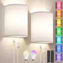 Plug in Wall Sconces Set of Two: Wall Lights with 7 RGB Colors - 3 Color Temperature Wall Mount Lamps with Remote - Fabric Linen Wall Sconc for Bedroom Living Room & Hallway- Indoor Corded Wall Sconce