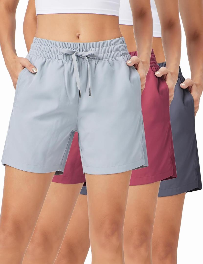 ZUTY 3 Pack 5" Womens Athletic Shorts Basic Running Shorts Lightweight Quick Dry Gym Workout Shorts with Pockets, X-Small, 3 Pack：dark Grey-light Grey-burgundy